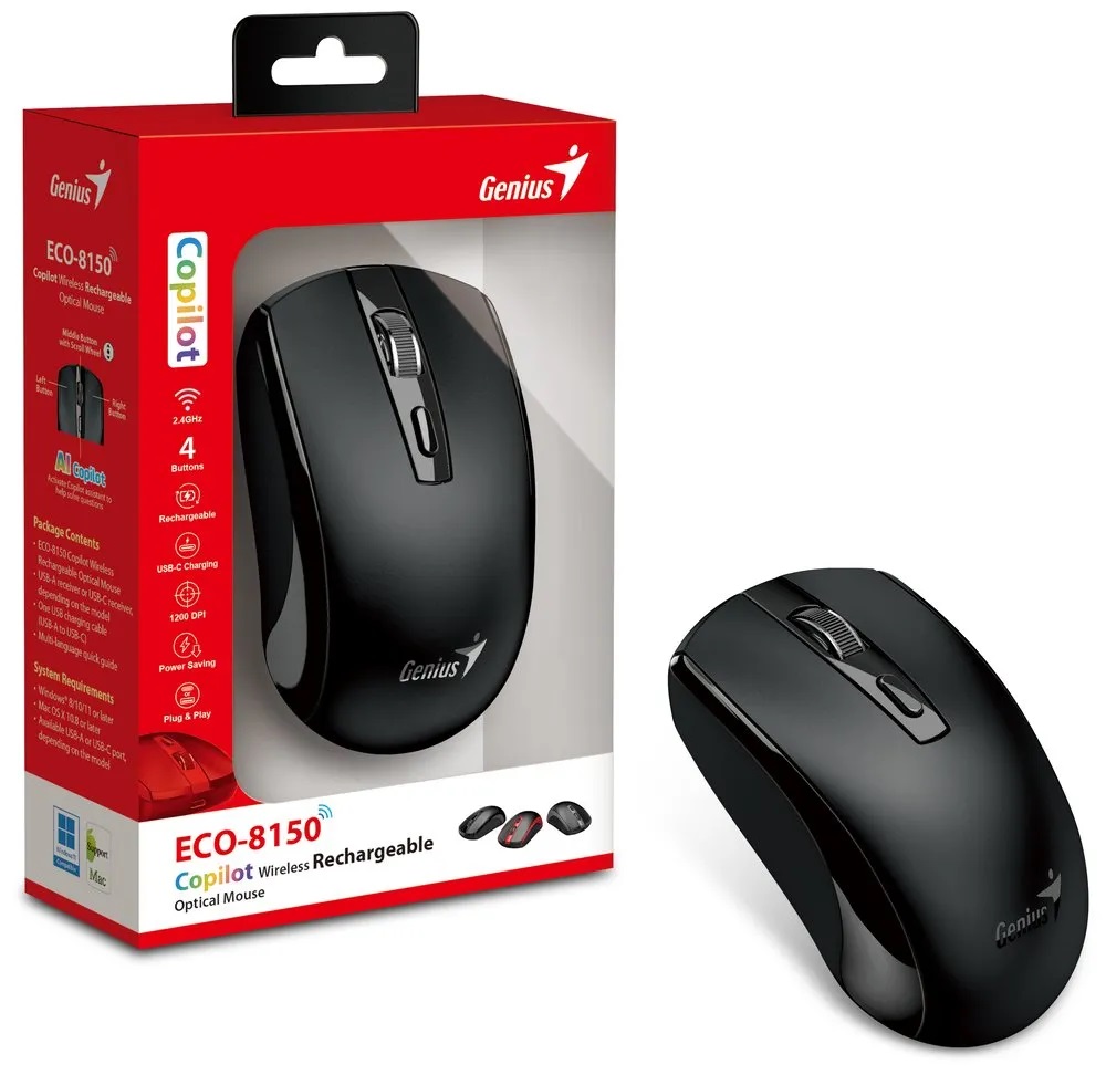 MOUSE USB WIRELESS RECARGABLE ECO-8150 NEGRO GENIUS 31030045400